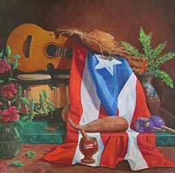 26 Francisco Arias  “Bodegon al Musico de Borinquen”
oil on canvas
30”H x 30”W x 2”D